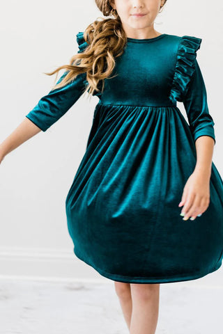 Teal Green Velvet Ruffle Dress