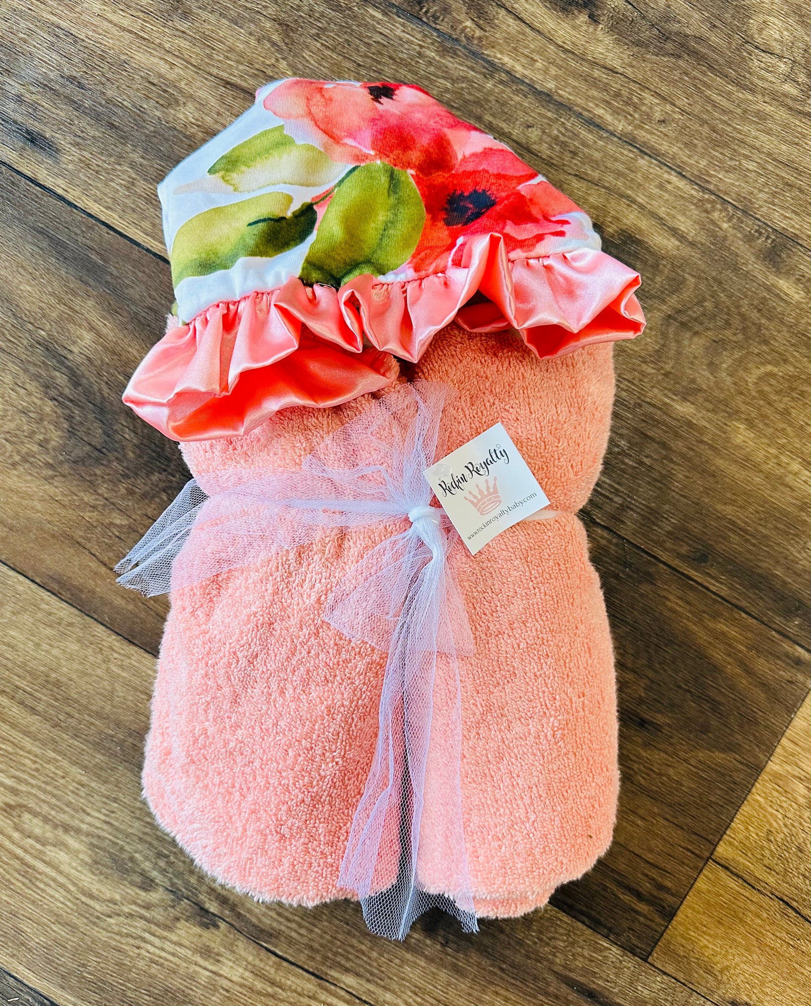 Coral Floral Ruffle Plush Hooded Bath Towel